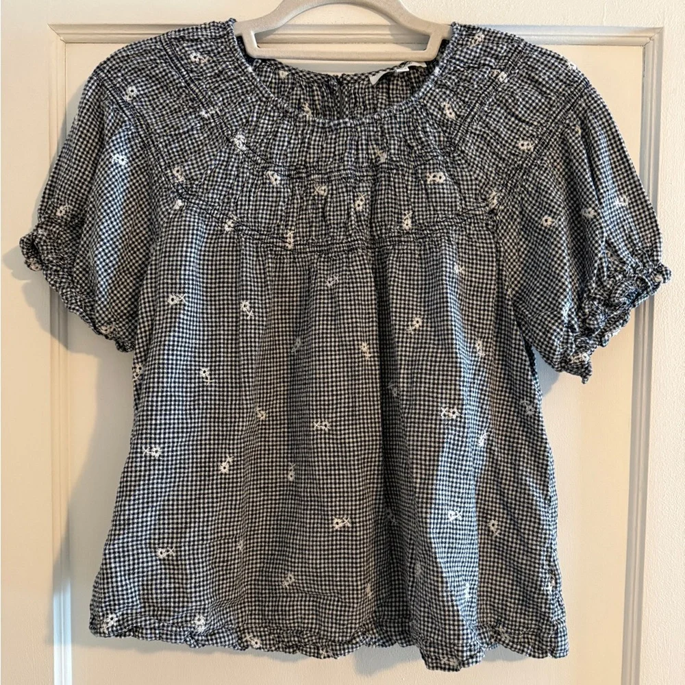 Madewell Embroidered Floral Gingham Ruffle Sleeve Peasant Top Black White M $88
